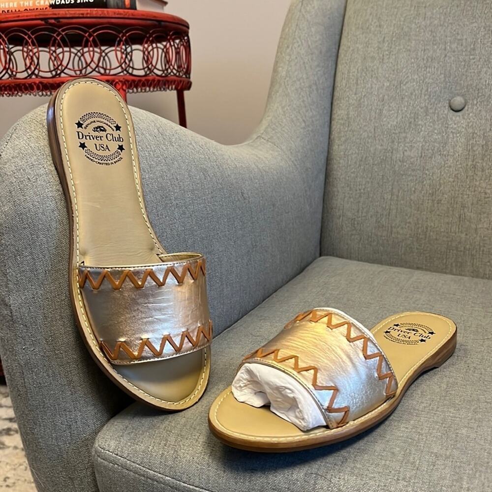 Drivers club Malibu tan Napa slide sandal metallic leather size 9